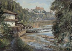 Melcher "Südböhmische Flußlandschaft mit Wassermühle", Öl/SH, sign. u. dat. '53 u.l., 35x50 cm, Rah