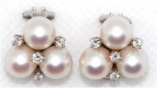 Paar Perl-Brillant-Ohrclips, 750er WG, besetzt mit je 3 Perlen und 4 Brillanten, ges.-Gew. 9,5 g, D