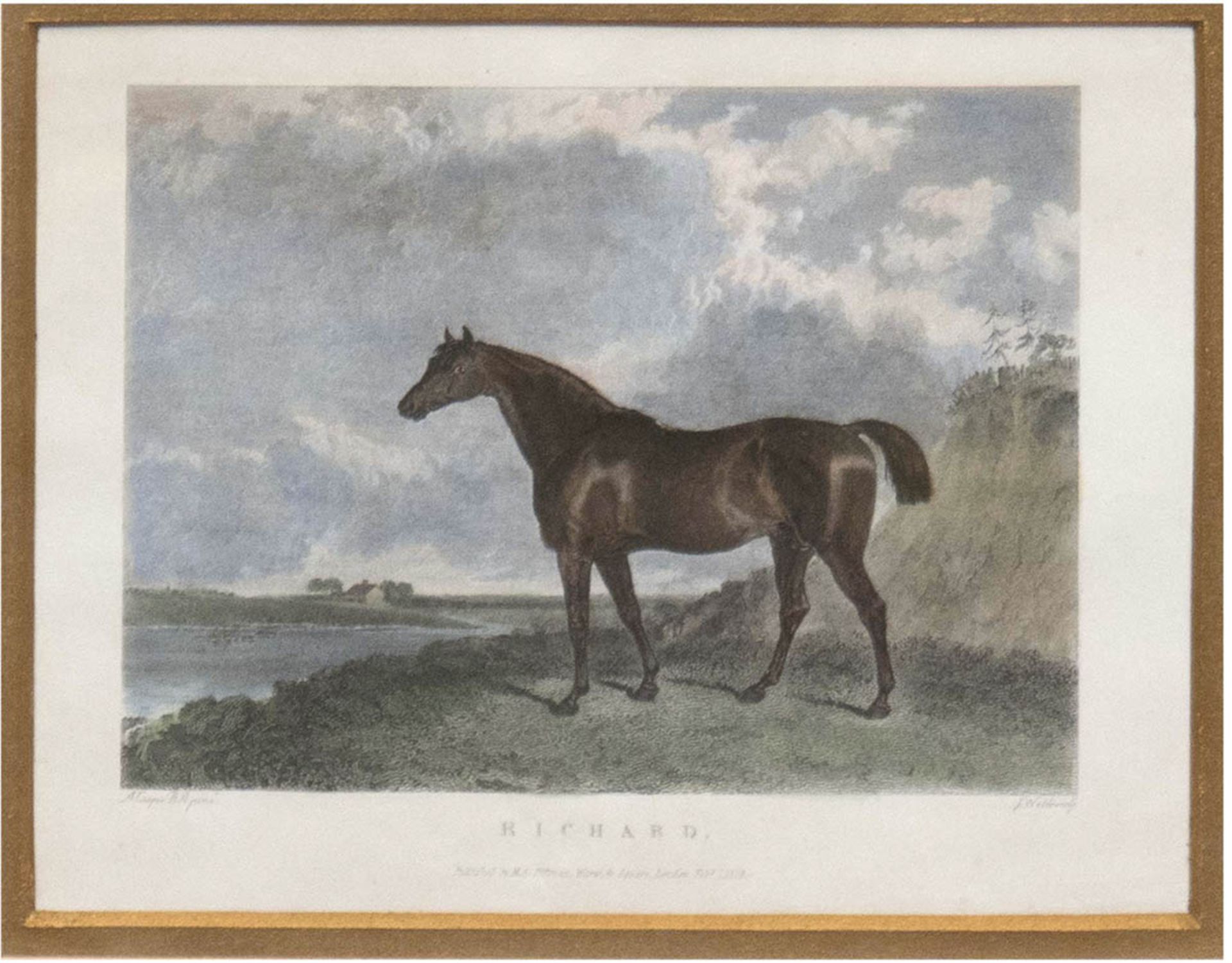 "Pferd 'Richard' in Uferlandschaft", altkol. Kupferstich 1828, 10x13 cm, hinter Glas im Passepart