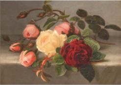 Kopist nach F.D. Boe (1820-1891) um 1850 "Blumenstilleben mit  Rosen", Öl/Lw., unsign., rücks. bez.