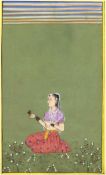 "Junge Frau in der Landschaft sitzend", Indien 19./20. Jh., Feder, Tempra u. Deckfarben/Papier, 17,