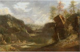 Venne, I. van de "Felsige Berglandschaft mit Gebirgspfad über einem Flußtal", Öl/Lw., doubliert, 46