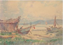 Clausen, Helmut (1913 Hamburg-1963 Timmendorfer Strand) "Fischerboote am Ufer", Aquarell,