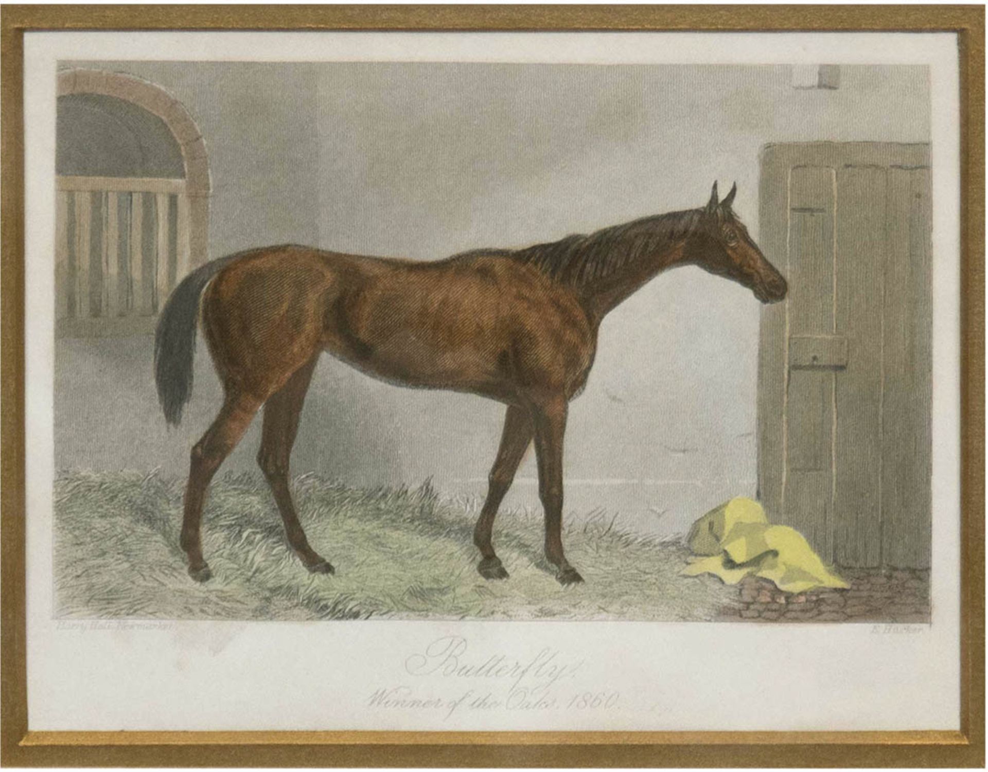 "Pferd 'Butterfly' vor Stalltür stehend", altkol. Stahlstich 1860, 10x15 cm, hinter Glas im Passepa