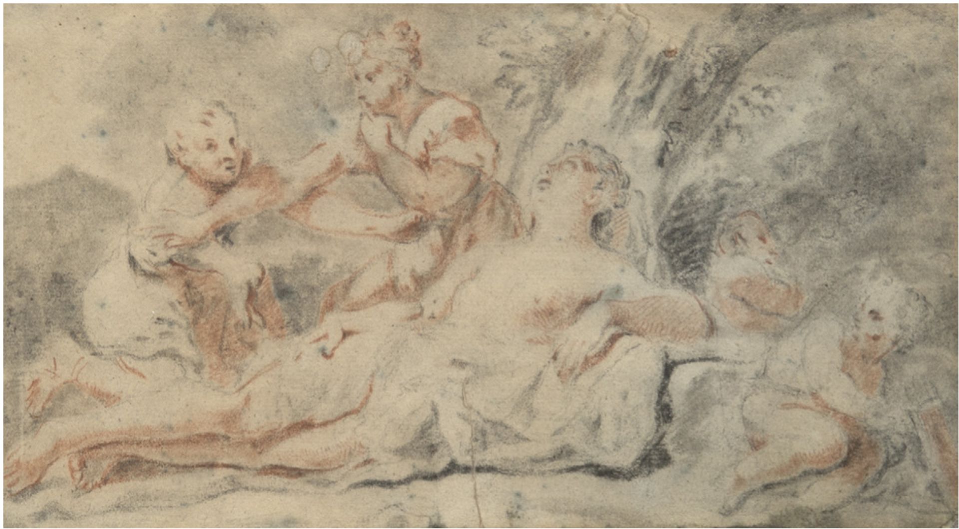"Mythologische Szene", 18. Jh., Zeichnung im Stil Trois Crayons, in der Art Francois Boucher, 15x26
