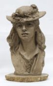 Büste "Dame mit Hut", nach Rodin, Terrakotta, sign. "Austin Prod Inc 1979", auf versteinerten Holzp