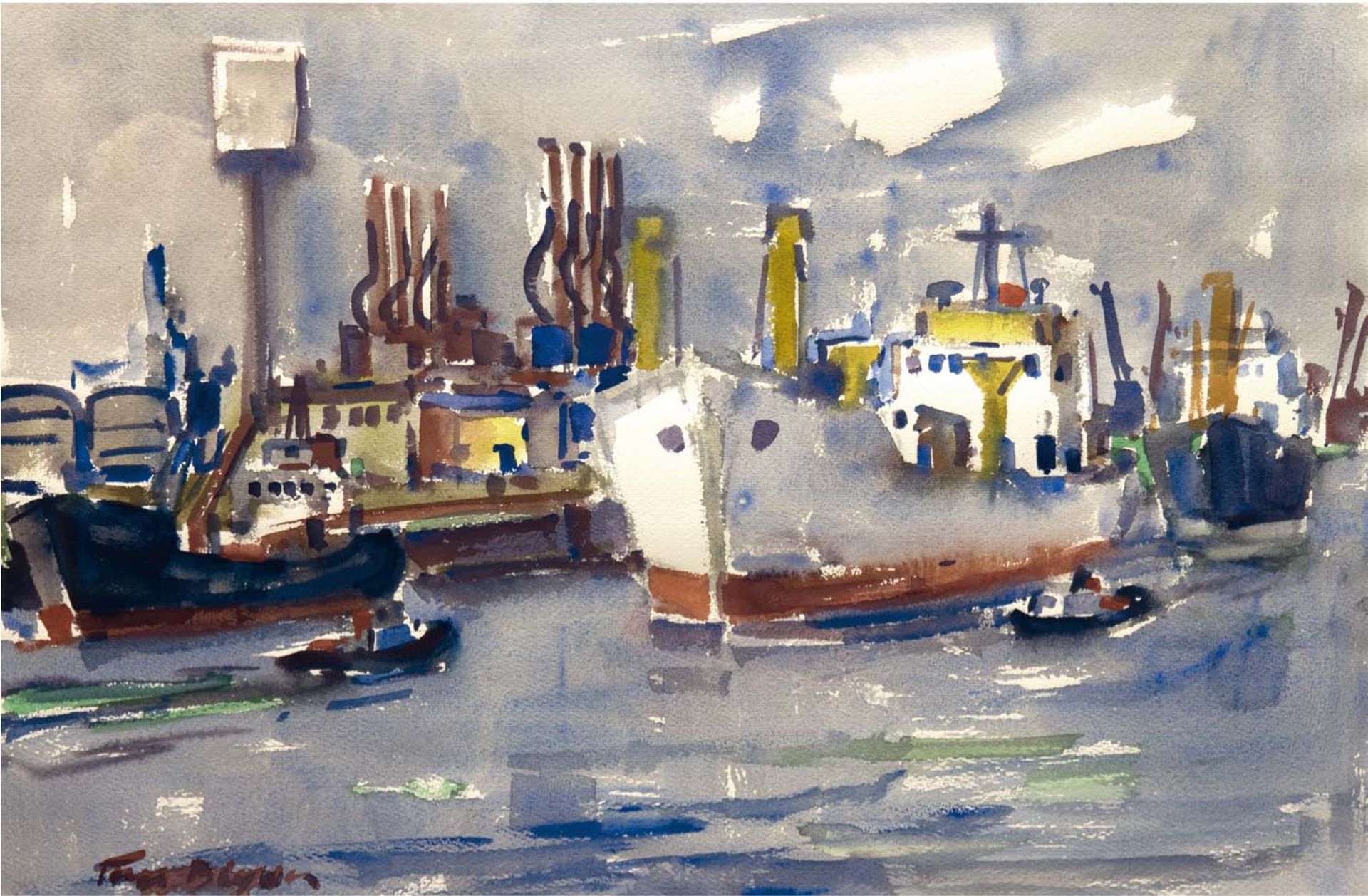 Beyer, Tom (1907 Münster/Westfalen-1981 Stralsund) "Rostock - Überseehafen IV", Aquarell, signiert 