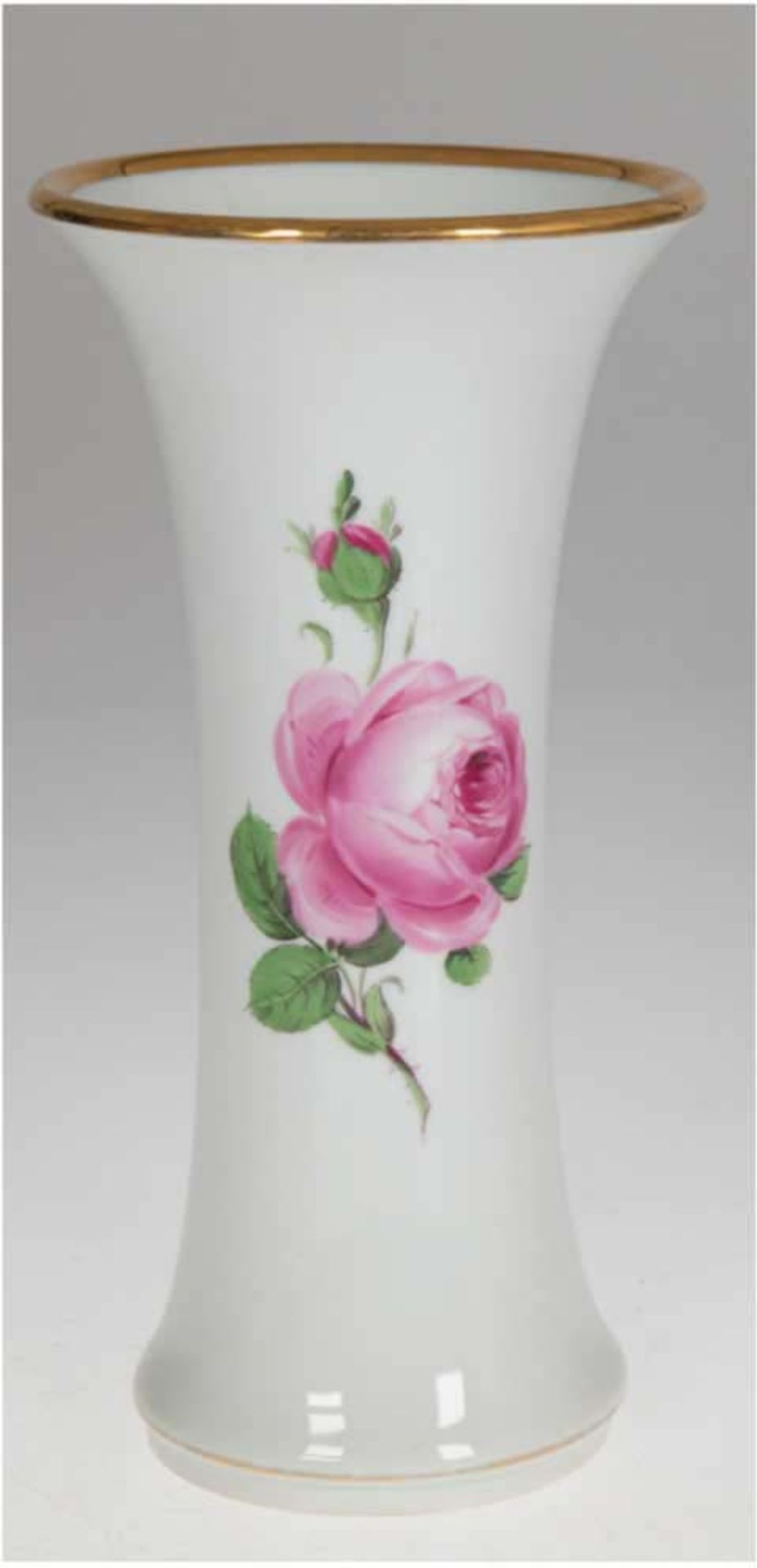 Meissen-Vase, 1924-34, Rote Rose mit Goldrand, 1. Wahl, H. 24 cm