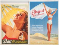 2 Werbeaufsteller "Elkasat zum Sonnenbad", und "Pohli Öl-Sonnenfilter", Pappe, 33,5x23,5 und 32x23 