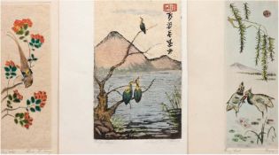 3 Radierungen "Vogeldarstellungen in Landschaft", Japan, koloriert, sign. von 2 unterschiedlichen K