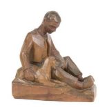 Holzfigur "Junge mit Schaf", Nussbaum, vollplastisch geschnitzt, unsign., Höhe mit Holzsockel 23 cm