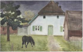 Birnstengel, Richard (1881 Dresden-1968 Dresden) "Pferd vor Bauerngehöft grasend", Aquarell, verso 