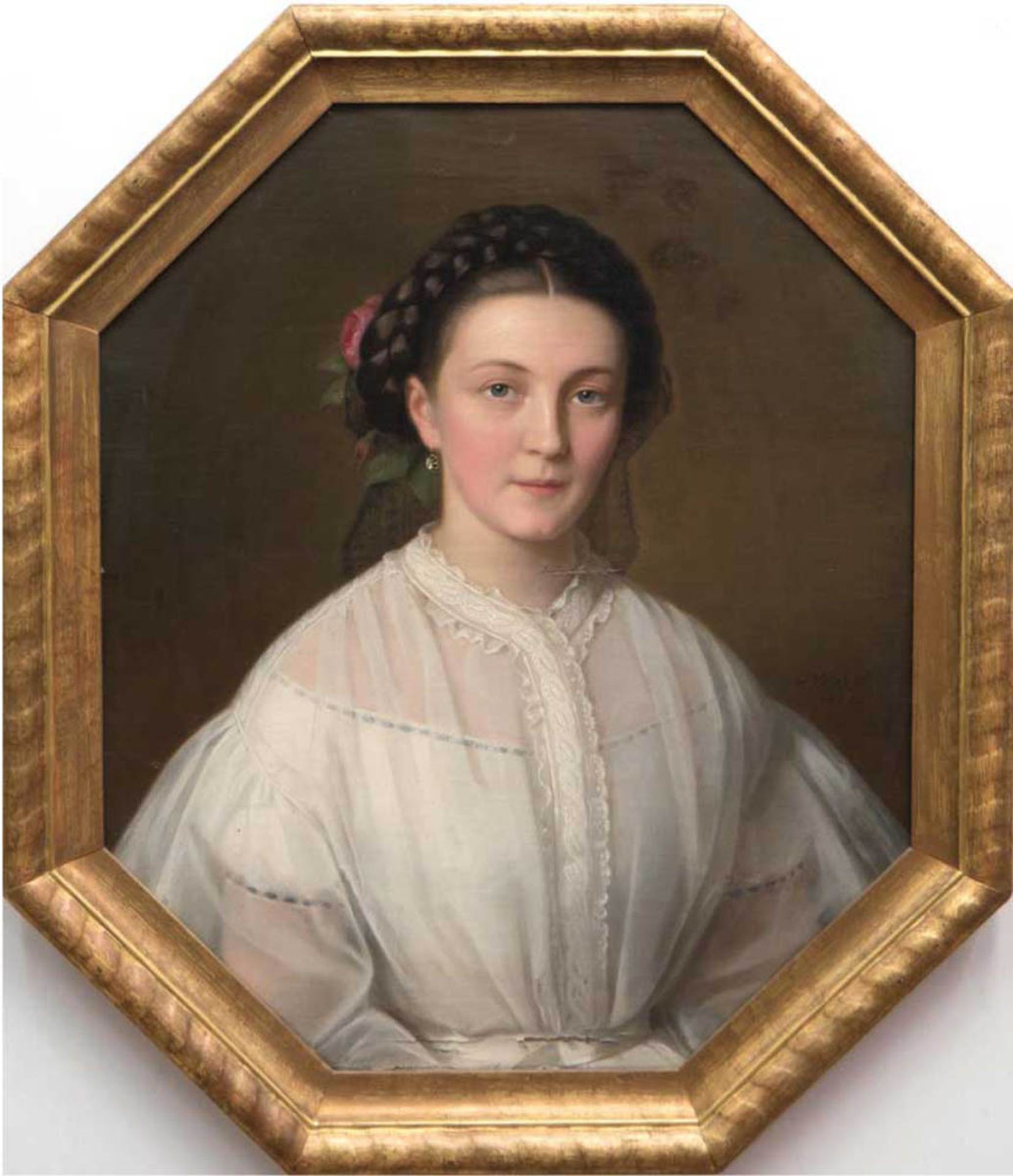Porträtmaler des 19./20. Jh. "Junge Frau mit Rose im Haar", Öl/Lw., unsign., verso 2x Hinterlegunge