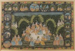 Indien des 19. Jh. "Große Festszene mit tanzenden Frauengestalten um ein Herrscherpaar, umrahmt von