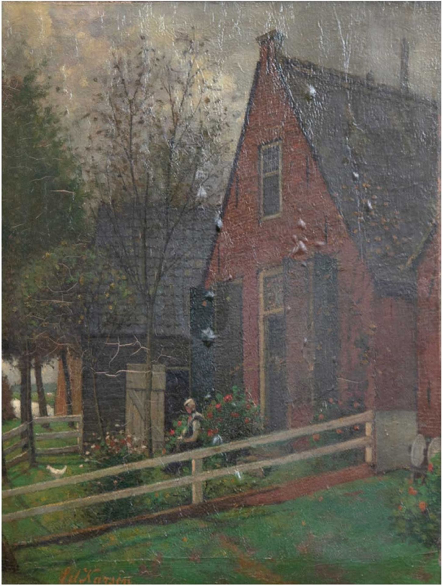 Karsen, Johann Eduard (1860 Amsterdam-1941 ebenda) "Blumengarten vor Bauernhaus", Öl/H., sign. u.l.