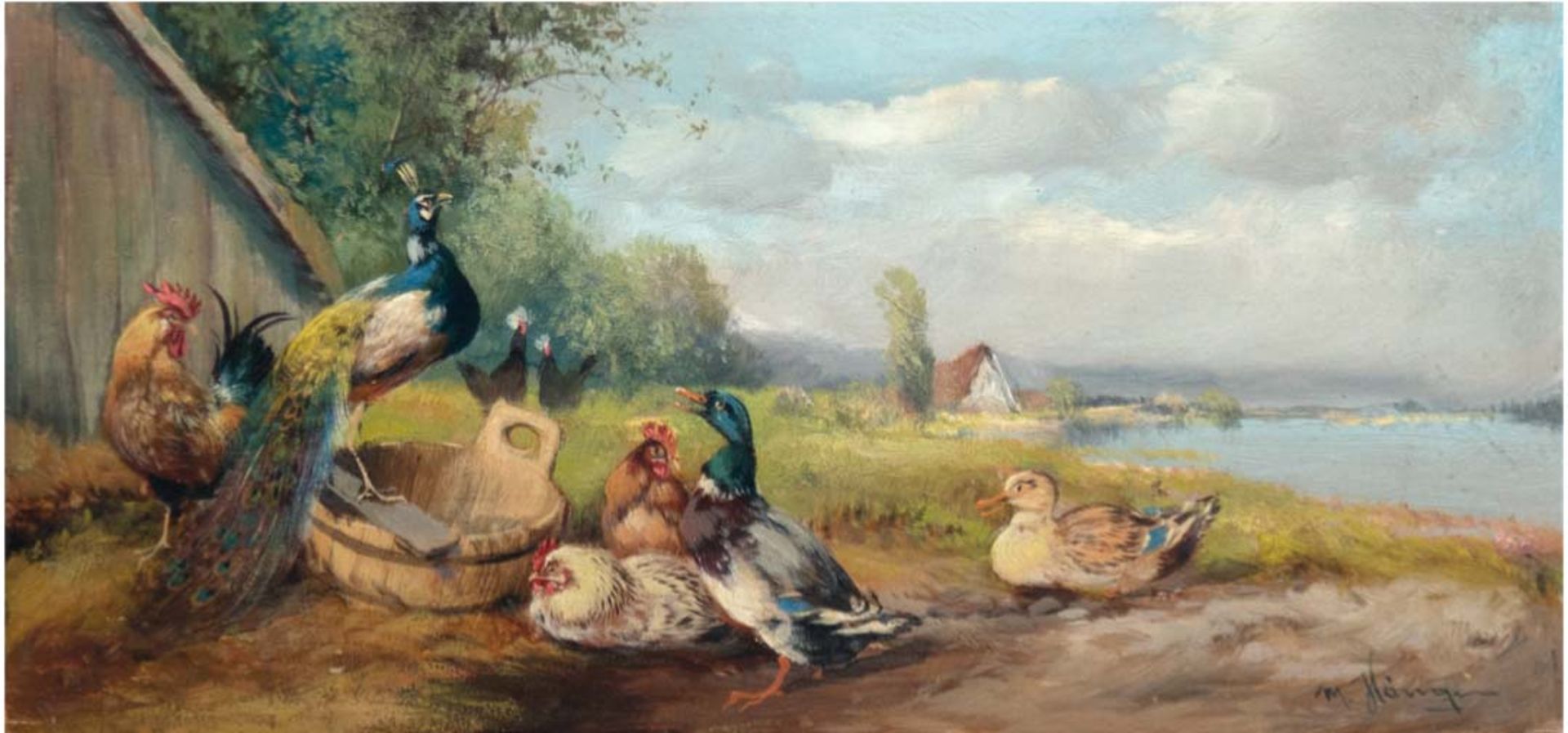 Hänger, Max (1874 München-1955 ebenda) "Enten, Hühner und Pfauen am See", Öl/H., sign. u.r., 8x16 c
