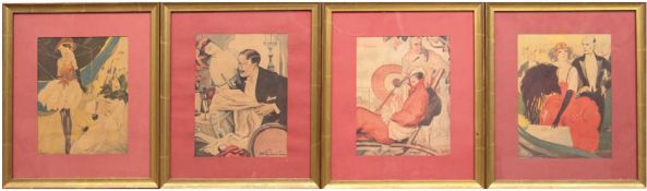 4 Drucke von Gemälden der 1920/30er Jahre, jeweils hinter Glas im Passepartout und Rahmen, Falzmaß 