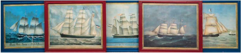 5 Drucke im Rahmen "Segelschiffdarstellungen", dabei Bark Eugen Cap. Lachmund von Stralsund, Betty 