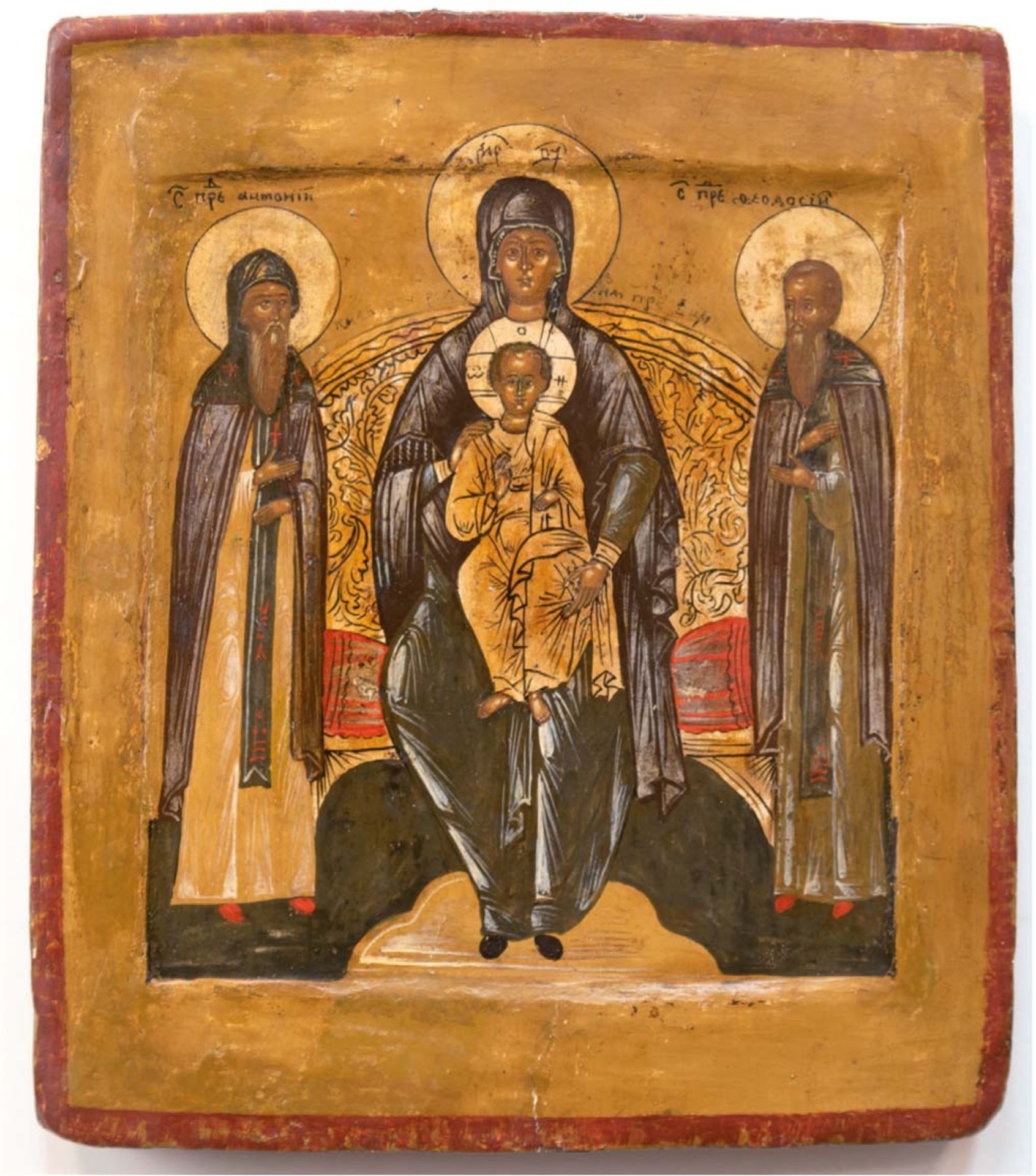 Ikone "Gottesmutter von Kiew", mit 2 Mönchsheiligen Anthonij und Feodosij, Anf. 18. Jh., Eitempra/