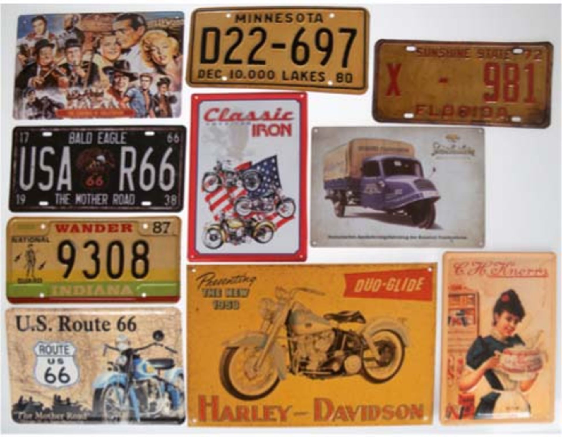10 Werbe-/Dekoschilder, um 1980, Blech, aus Gastwirtschaft in Cochem, dabei Harley Davidson, Brauer