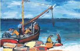 Weyl, Hans (1925 Heiligenbeil/ Ostpreußen-1994 Barth) "Fischerboote im Hafen" Acrylmalerei, unsign.
