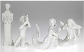 4 Porzellanfiguren, Rörstrand, weiß, dabei Nixe mit Seestern, Nixe auf Wellenkamm, Betende und Knie