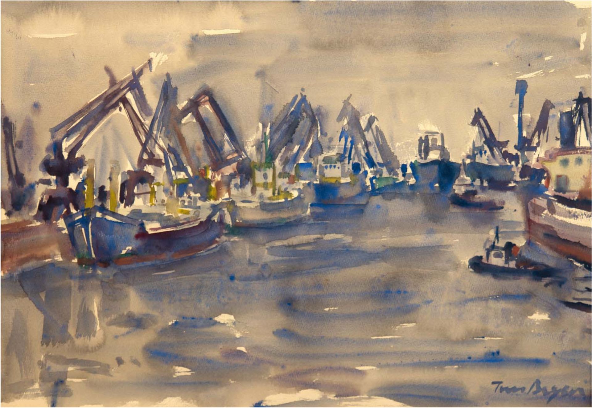 Beyer, Tom (1907 Münster/Westfalen-1981 Stralsund) "Rostock - Überseehafen V", Aquarell, signiert u