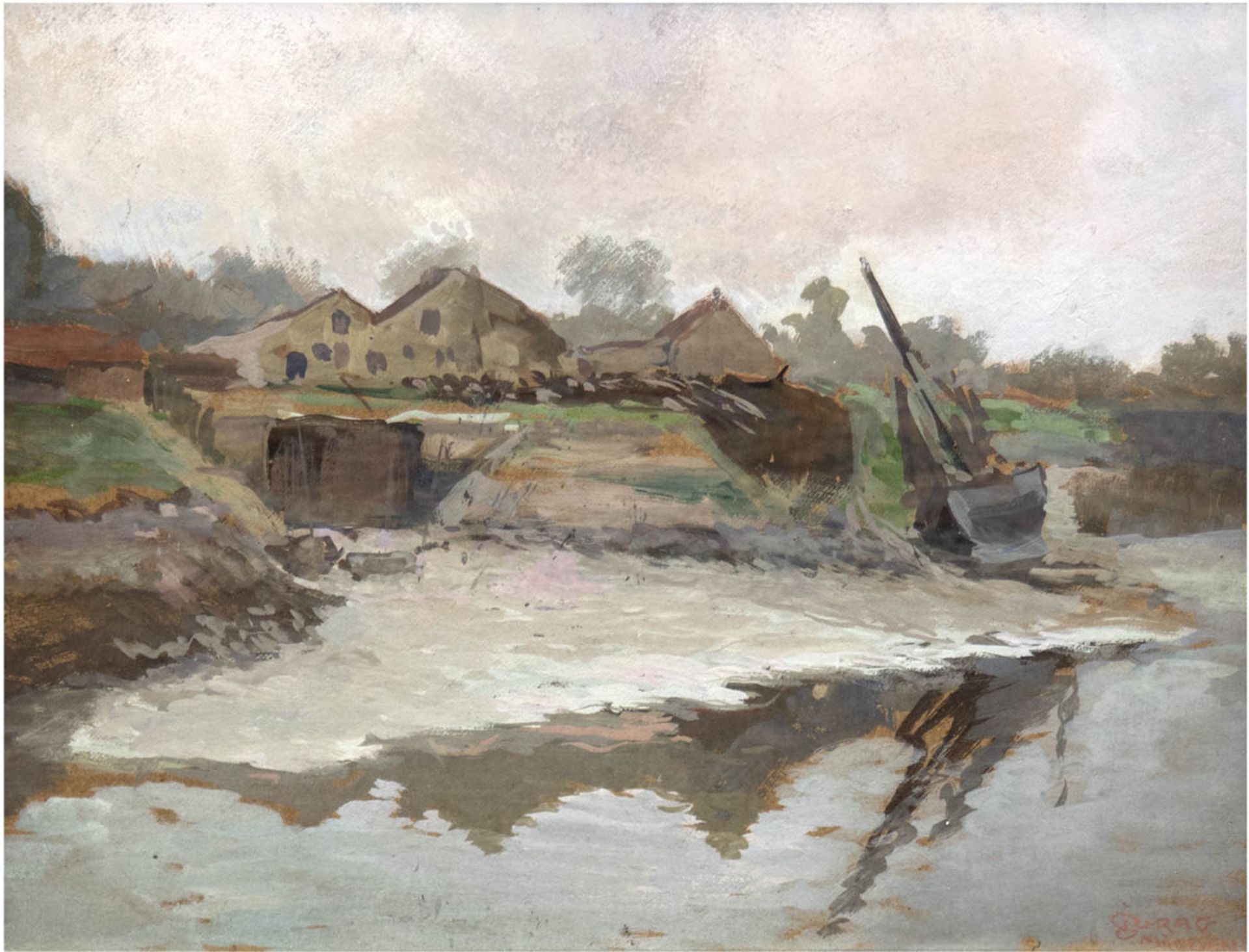 Maler des 20. Jh. "Uferlandschaft mit Boot und Gehöft", Gouache, unleserl. u.r., 32x40 cm, hinter G