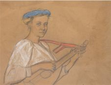 Büchsel, Elisabeth (1867-1957 Stralsund) "Junge Frau beim Gitarre spielen", Mischtechnik, unsign., 