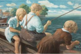 Künstler des 20. Jh. "Angelnde Kinder am See", Öl/ Lw., undeutl. sign. u.r., 68,5x97 cm, Rahmen