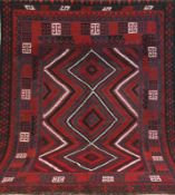 Afghan Kelim, rotgrundig mit schwarz/weißem Rautenmuster und Ornamentdekor, 245x175 cm