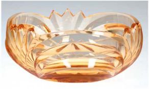 Art-Deco-Schale, Karlsbad um 1930, Moser, bernsteinfarbenes Glas, H. 8,5 cm, Dm. 20 cm