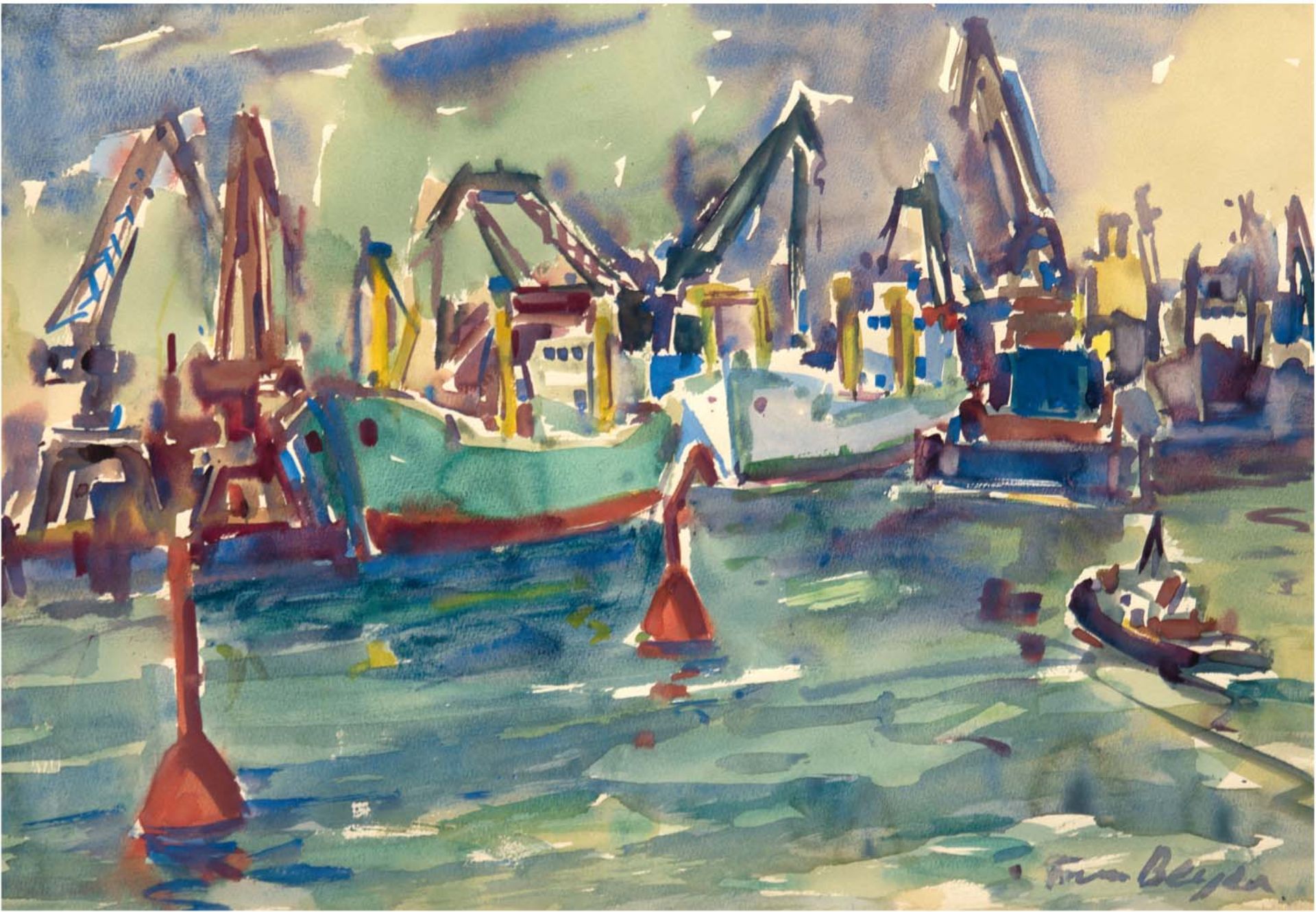 Beyer, Tom (1907 Münster/Westfalen-1981 Stralsund) "Rostock - Überseehafen I", Aquarell, signiert u