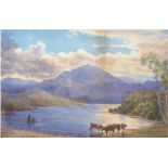"Englische Landschaft mit Kühen am Wasser", Aquarell, unsign., 25,5x34,5 cm, im Passepartout hinter