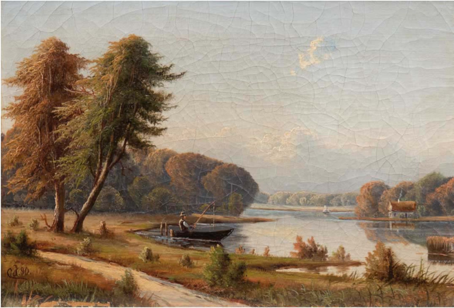 Jensen, Carl Milton (1855 Slagelse-1928 bei Aarhus) "Angler am See", Öl/ Lw., craqueliert, sign. u.