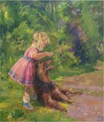 Brunoe, Soren (1916-1994) "Kleines Mädchen mit dem Hund spielend", Öl/Lw., 70x60 cm, Rahmen (Er war