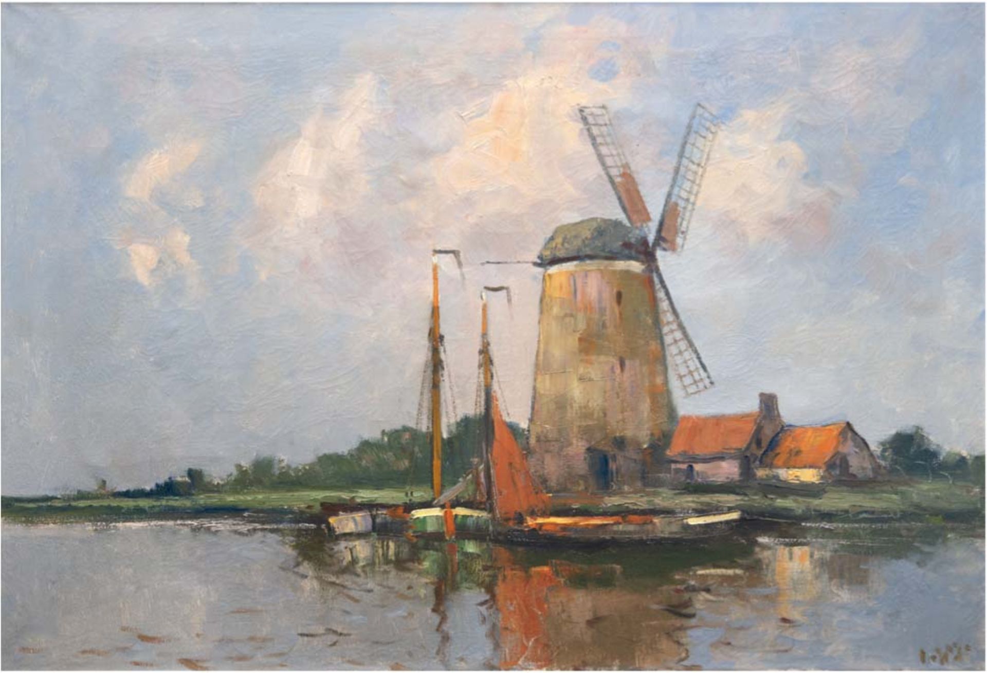 "Holländische Landschaft mit Booten und Windmühle", Öl/Lw., undeutl. sign. u.r., 60x80 cm, Rahmen