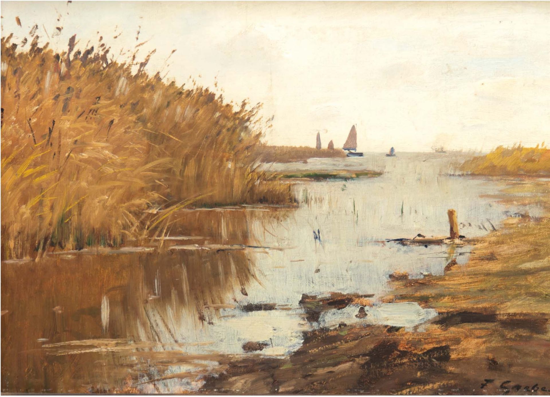 Grebe, Fritz (1850 Heisbeck-1925 Düsseldorf) "Boddenlandschaft mit Segelboote", Öl/Lw., sign. u.r.,