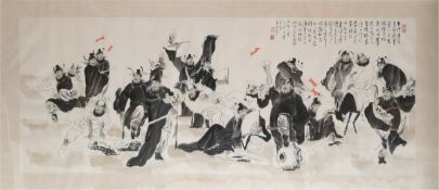 Künstler des 20. Jh."Chinesische vielfigürliche Szene", Tuschezeichnung/Reispapier, mit roter Stemp