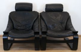 Designer-Sitzgruppe, bestehend aus Sofa und 2 Sesseln, schwarzes Leder, Sessel sind vom Designer Åk