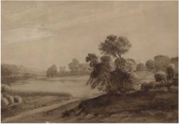 Maler um 1800 "Wiesenlandschaft mit Baumgruppen", Sepiazeichnung, unsigniert, Fehlstelle am unteren