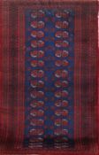 Buchara, rot/blaugrundig mit ornamentalem Muster, Kanten beschädigt, belaufen, 187x100 cm