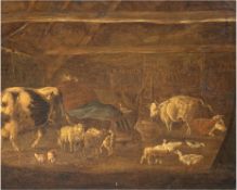 Menken, Johann Heinrich (1766 Bremen-1839 ebenda) "Kühe, Schafe, Enten und Hühner im Stall", Öl/Lw.