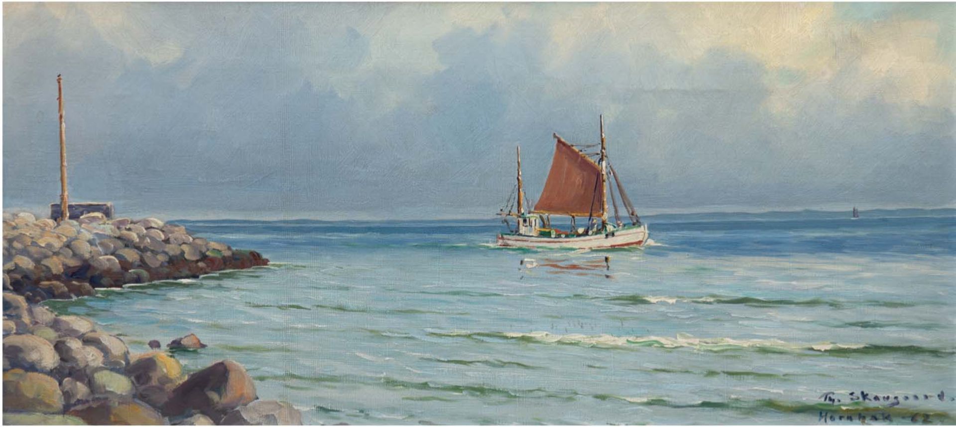 Skovgarrd, Theodore (1913-1993) "Segelboot vor Küste", Öl/Lw., sign. u.r. und dat. ´62, 32x63,5 cm,