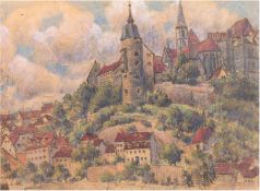 Wagner, Louise M. (1875 Neuendorf- 1950 Schleswig) "Bayrischer Ort", Farbstiftzeichnung, monogr. "L