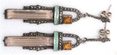 Paar Art-Deco-Ohrhänger, 935er Silber, ausgefaßt mit Rauchtopas und Citrin, besetzt mit Markasiten,