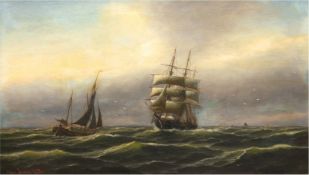 Jensen, Alfred  (1859 Randers/ Dämemark-1935 Hamburg) "Segelboote in der Abenddämmerung", Öl/Lw., m