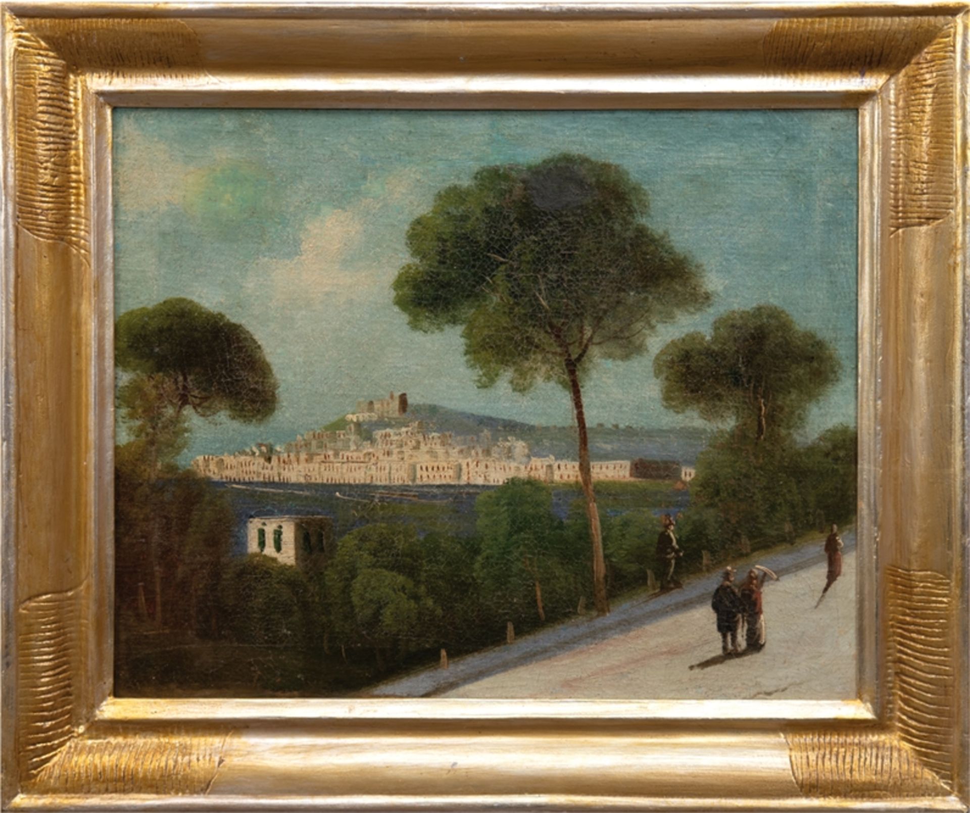 Neapolitanische Schule 19. Jh. "Italienische Küstenlandschaft mit Stadtansicht", Öl/Lw., 38x49 cm, 