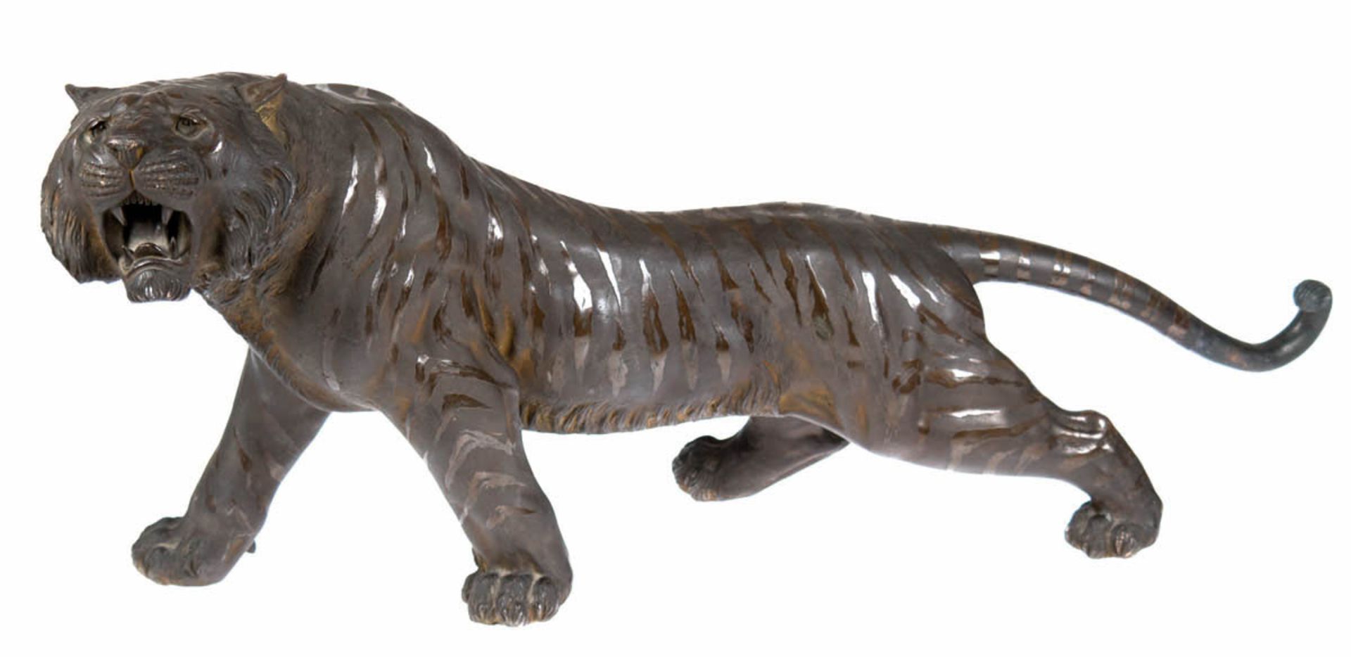 Bronze "Brüllender Tiger", Ende des 19., auf Bauch Siegelmarke "Genryûsai Seiya se", braun patinier