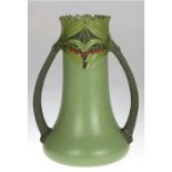 Jugendstil-Vase, Keramik, grün bemalt, am Hals Floralrelief, beidseitig Handhaben, oberhalb am Hals